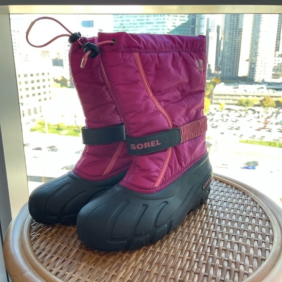 Sorel Kid's Flurry Padded Black Pink Drawstring Winter Snow Boots Size 6 - Picture 5 of 5